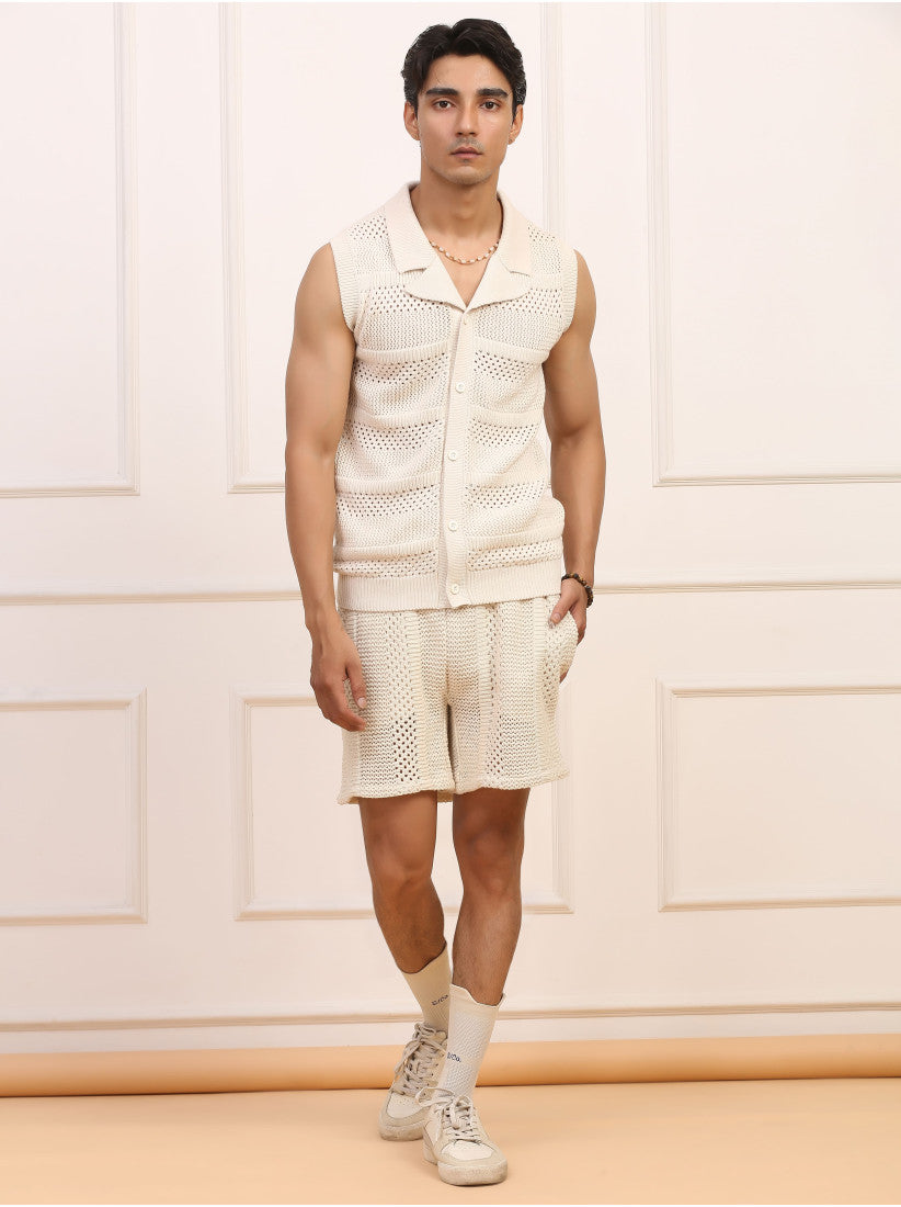 Cream crochet knit shorts