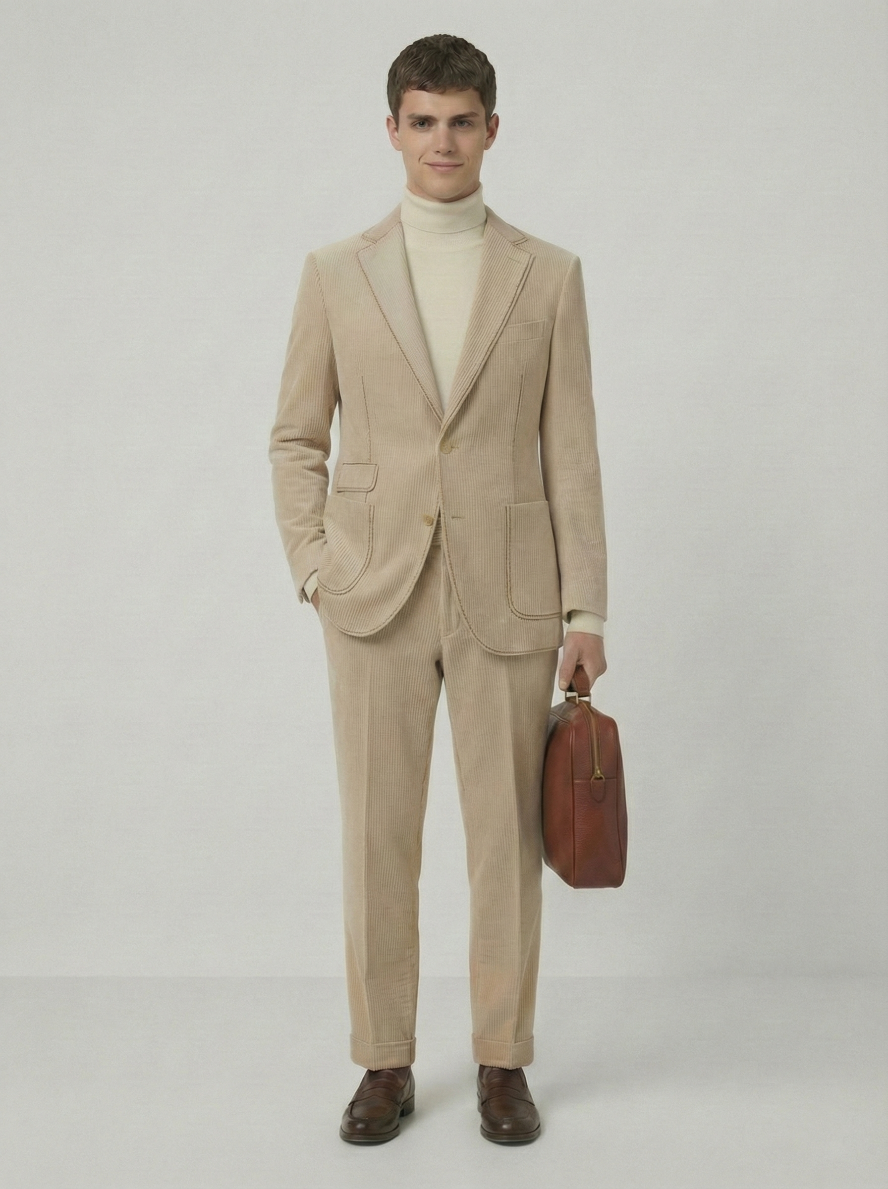 Beige Corduroy Suit \w/ Contrast Stitch Deets