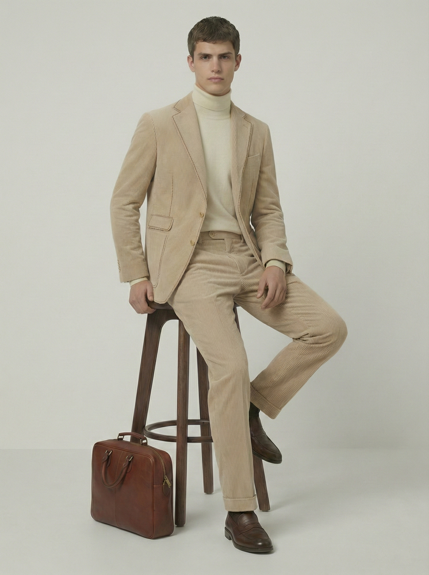 Beige Corduroy Suit \w/ Contrast Stitch Deets