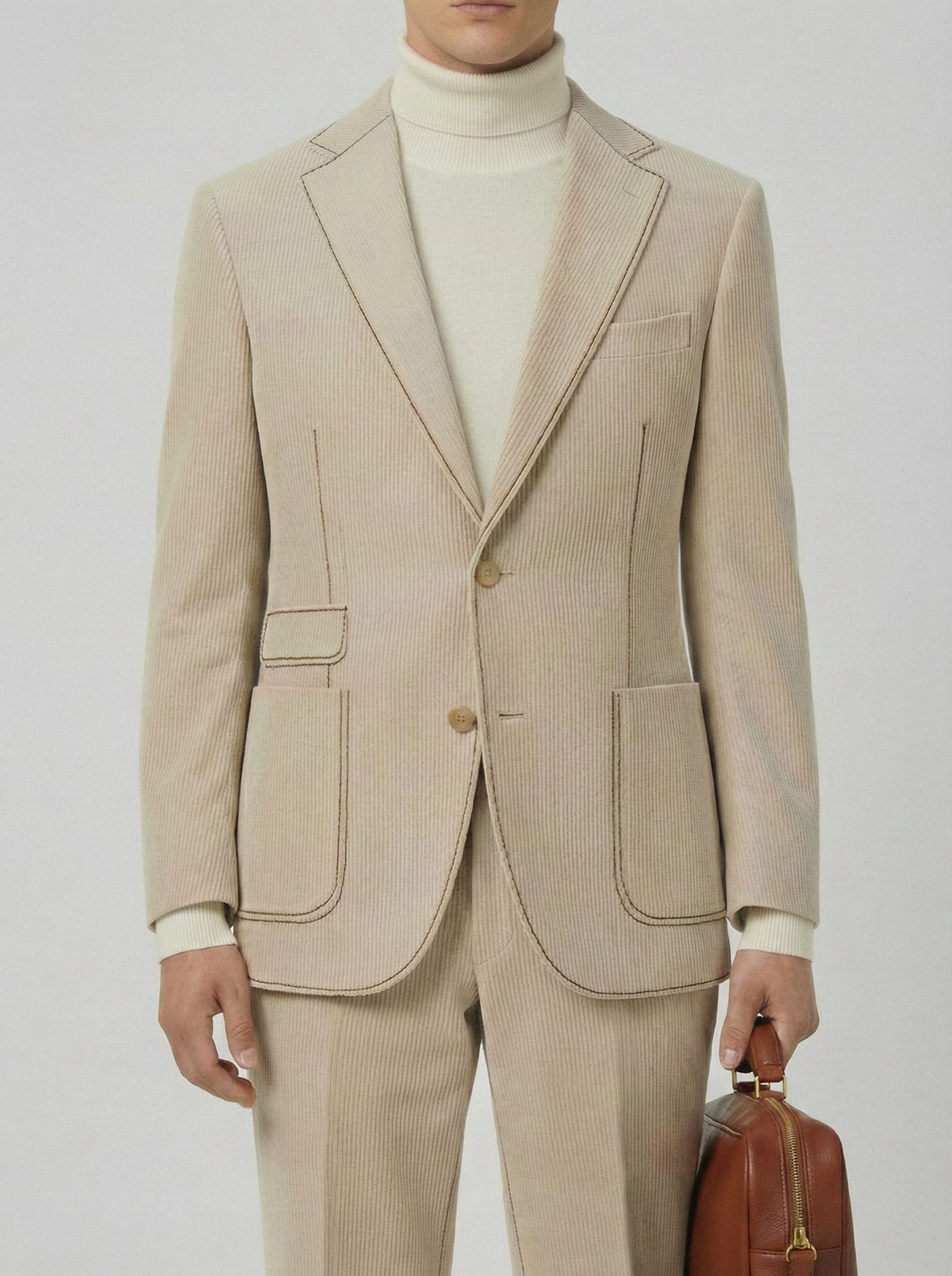 Beige Corduroy Suit \w/ Contrast Stitch Deets